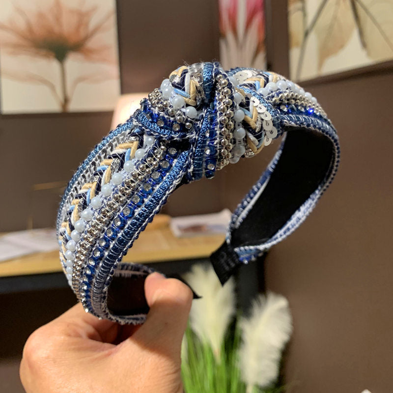 Wholesale New Fabric Art Diamond Middle Knotted Wide Brim Headband